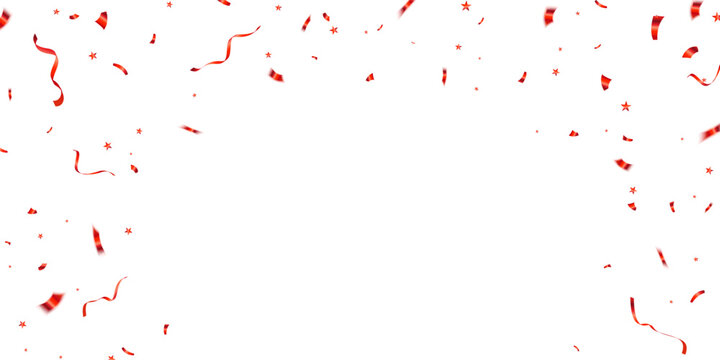 Bright red confetti and ribbon border on a white background creates a festive frame for party invitations, announcements, celebrations, holidays and promotional designs with a joyful, celebratory mood