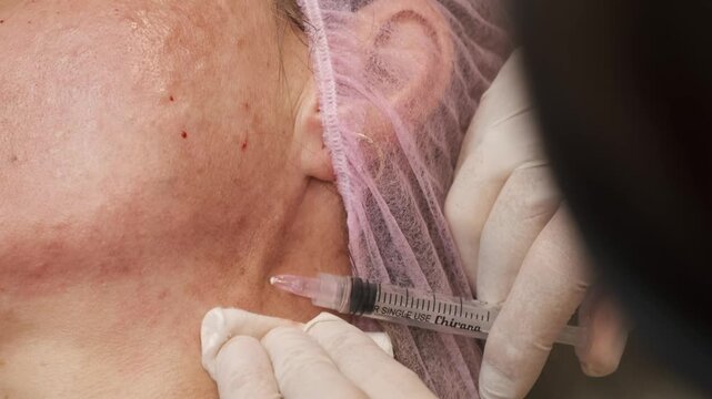 Close-up of a cosmetic procedure where a medical professional wearing gloves performs a dermal filler injection into a patient&rsquo;s cheek. Aesthetic treatment for skin rejuvenation and facial contouring 