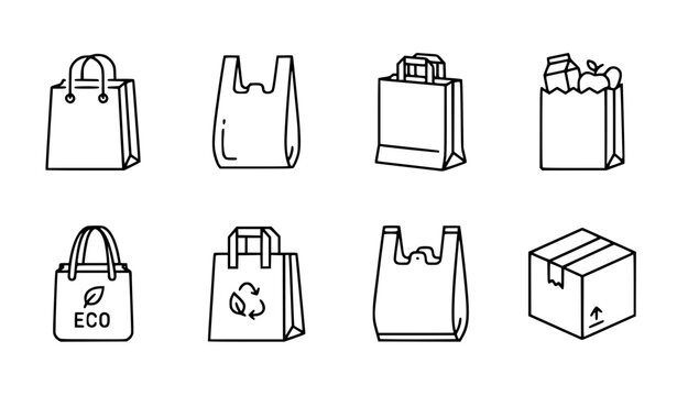 Plastic bag line web icons shopping grocery vector set