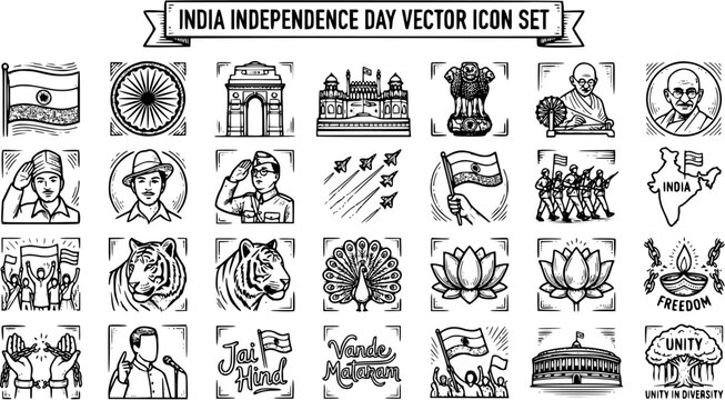 Black and White Line Art Hand-drawn India Independence Day Vector Icon Set with Indian National Symbols, Landmarks, Patriotic Elements, and Cultural Heroes.