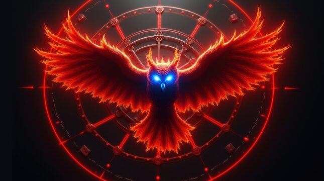 Pixel art phoenix bird with glowing blue eyes and red fire wings flying in front of a dark circular magic symbol background for gaming design