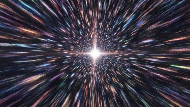 Warp speed space travel through colorful nebula and light streaks
