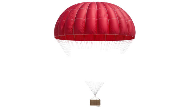 Red parachute canopy descending with a small wooden cargo box, isolated on transparent background