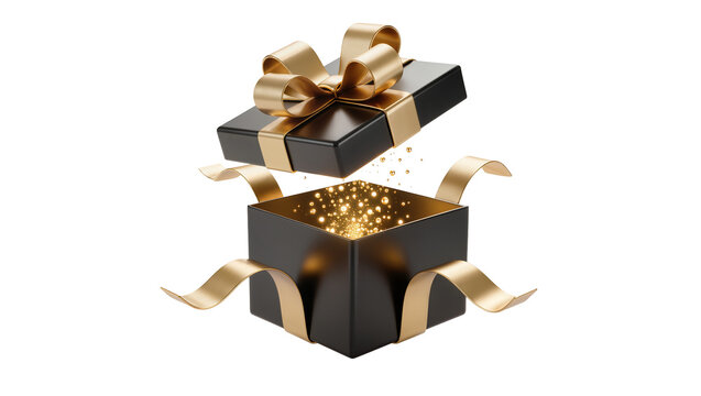 Open black gift box with golden ribbon and sparkling lights, isolated on transparent background