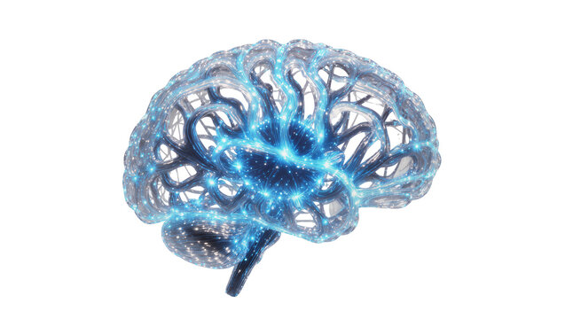 Abstract glowing blue neural network brain structure, isolated on transparent background
