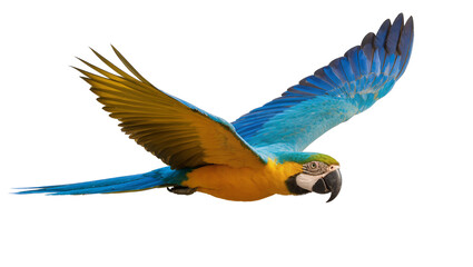Fototapeta na wymiar Blue and yellow macaw parrot in flight, isolated on transparent background
