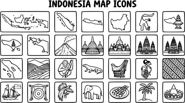 Black  White Line Art Doodle Vector Set of Indonesia Map Icons. Travel, Culture  Geography Symbols: Islands, Landmarks, Animals, Food for Asian Tourism.