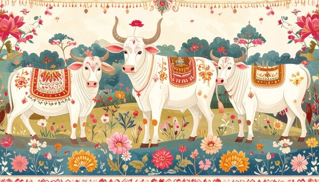 Traditional Indian Sacred Cows Decorated with Ornate Patterns and Flowers.