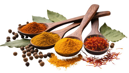 Wooden spoons with paprika turmeric and saffron spices, isolated on transparent background © AnaMaria