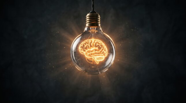 The Brilliant Mind: A luminous incandescent light bulb, its filament replaced by a glowing orange brain, symbolizes the spark of innovation and the power of thought.