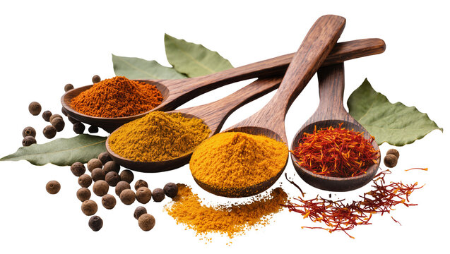 Wooden spoons with paprika turmeric and saffron spices, isolated on transparent background