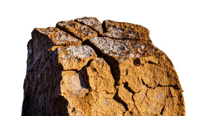 Rough textured brown rock formation with layered stones, isolated on transparent background © AnaMaria