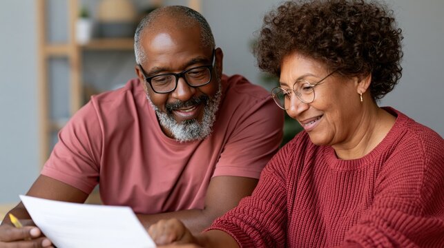 Couple reviewing documents together in a cozy home environment