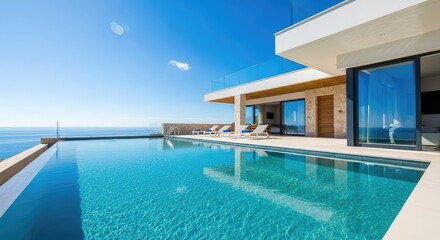 Fototapeta premium Elegant modern luxury villa featuring a private infinity pool that blends seamlessly with the deep blue ocean horizon under a clear sky, sun, travel, holiday