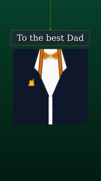Animated flat vector men's suit assembling. Navy jacket with orange bowtie and suspenders sliding into view. 2D motion graphics for menswear promotion or greeting card