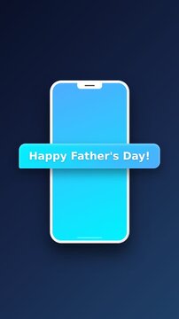 3D floating smartphone animation. Happy Father's Day text message bubble popping up on screen. Red hearts and yellow stars bursting outward against a dark navy blue background