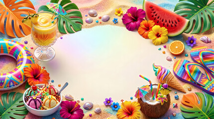 Fototapeta premium Vibrant summer template featuring tropical drinks, a coconut cocktail, colorful ice cream scoops, flip-flops, a watermelon slice, and hibiscus flowers arranged.