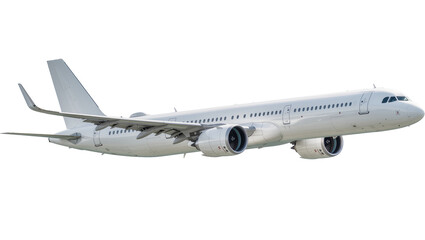 Modern white passenger jet airplane with twin engines, isolated on transparent background © AnaMaria