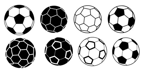 Set of black and white soccer ball vector illustrations isolated on gray background with multiple classic football pattern variations for sports design and branding © MSTROUJATOUS