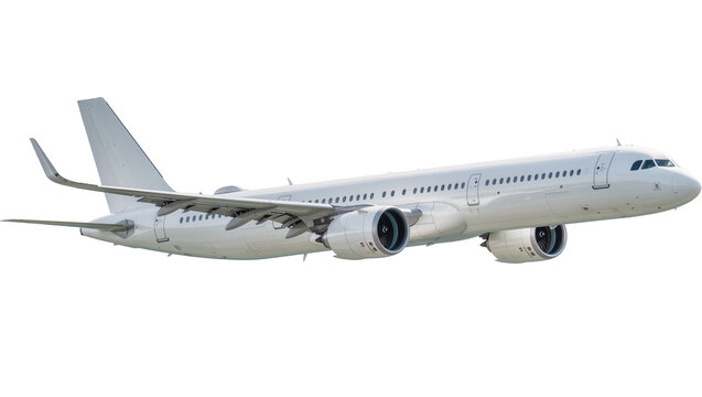 Modern white passenger jet airplane with twin engines, isolated on transparent background