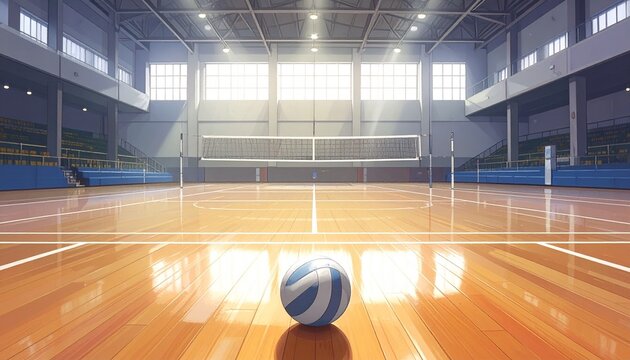 A volleyball rests on a polished court beneath sunlight and high windows, symbolizing anticipation, sport, and the calm geometry of play before the game begins.
