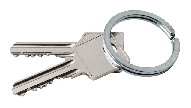 Two silver metal keys attached to a round keychain, isolated on transparent background