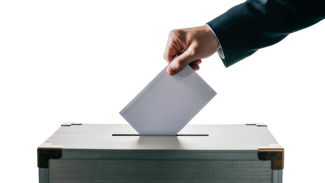 Man s hand in suit jacket dropping ballot paper into ballot box, isolated on transparent background