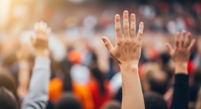 A large group of people raising their hands in a crowded auditorium, showing active participation, voting, or asking questions.