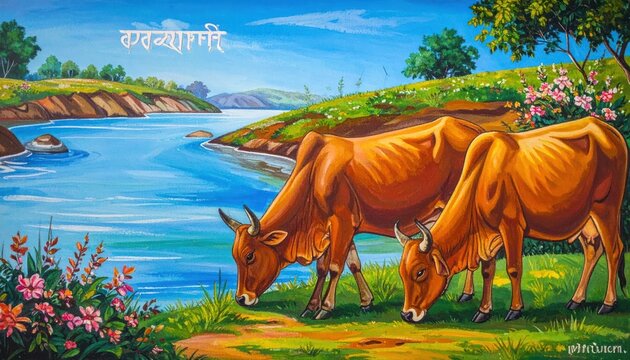 Two Cows Grazing by a Serene River in a Lush Green Landscape.