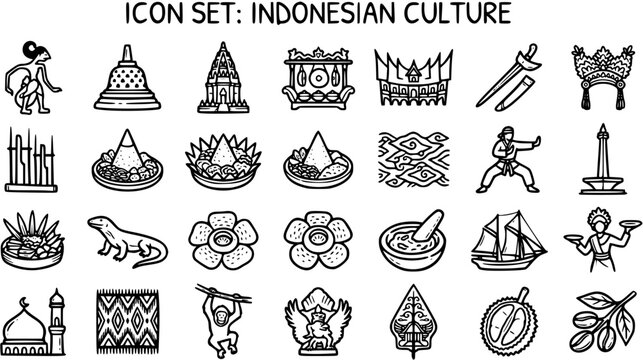 Indonesian Culture Black and White Line Art Icon Set. Diverse Outline Doodle Collection of Traditional Symbols, Landmarks, Food, and Animals.
