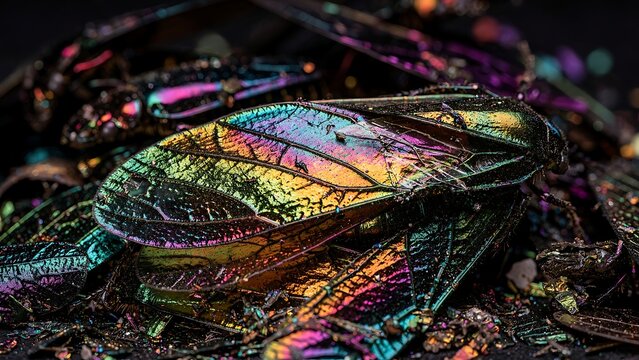 Macro of crushed iridescent beetle wings layered with colorful reflective insect textures and dramatic detail