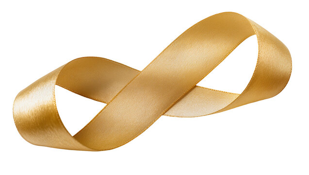 Golden satin ribbon twisted into infinity symbol, isolated on transparent background