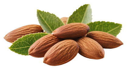 Brown almonds with green leaves, isolated on transparent background © AnaMaria