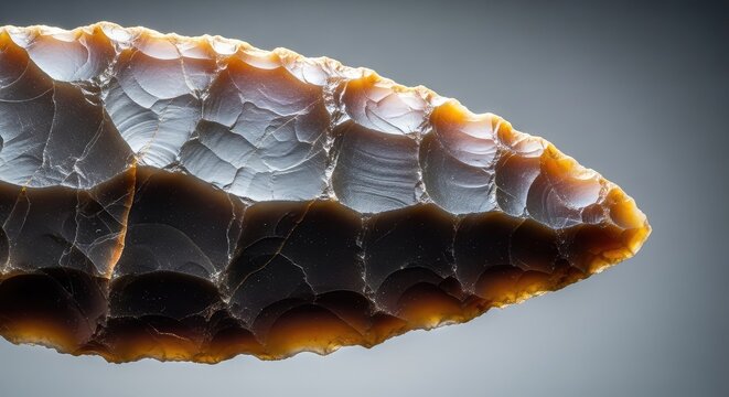 Macro view of a sharp prehistoric stone tool edge, showcasing ancient flintknapping techniques and primitive technology from the stone age, technology, chipped, craft