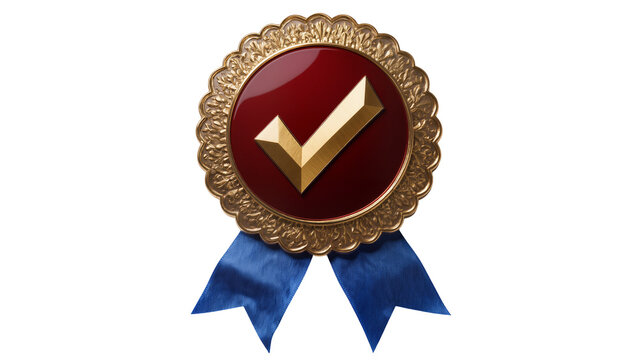 Golden ornate medal with red center and gold checkmark blue ribbon, isolated on transparent background