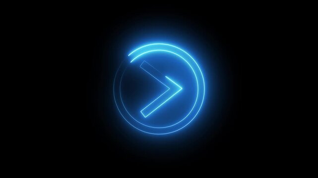Glowing blue neon play button on black circle. Blue neon play for digital media and video start. Digital blue neon play animation for web interface.