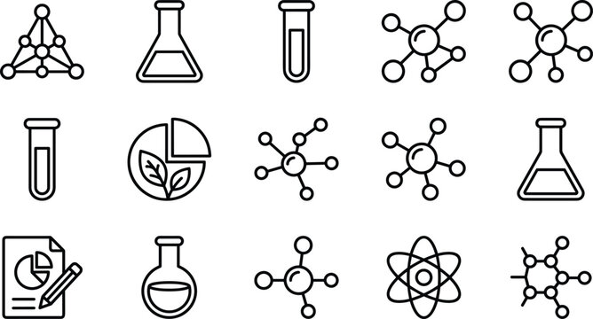 Chemistry Molecule and Laboratory Line Icon Set with Flask Test Tube Atom and Science Biology Symbols
