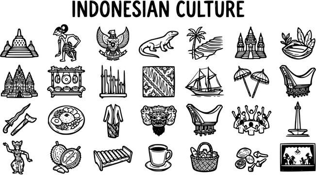 Indonesian Culture Icons Set: Traditional Symbols, Food, Landmarks in Black and White Line Art