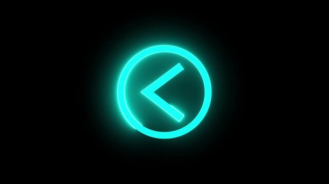 Glowing cyan left arrow in circle on black. Cyan arrow symbol for direction and navigation. Digital cyan arrow animation for technology interface.