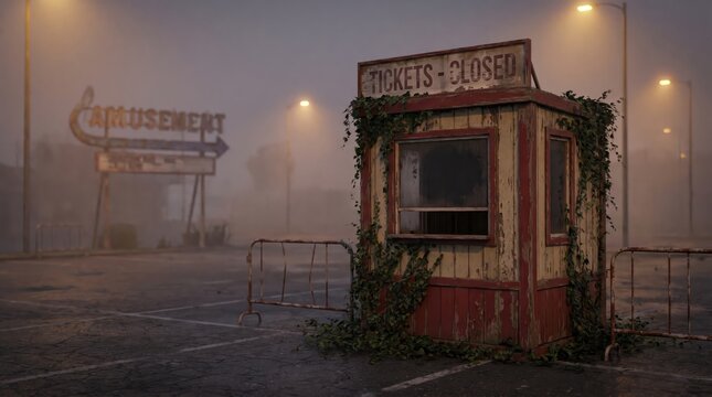 Abandoned ticket booth in foggy parking lot.