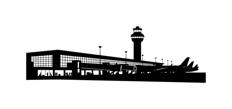 Airport terminal, control tower, airplane silhouette, travel icon, black vector graphic