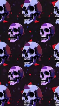 vertical seamless loop animation of a seamless pattern with skulls and geometric shapes in style of anime cartoon in a dark theme