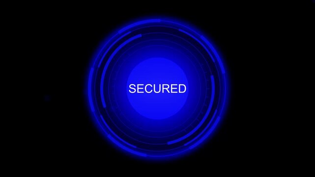 Blue secured text on futuristic circular interface. Blue secured text for digital data safety and privacy. Digital blue secured animation for tech.
