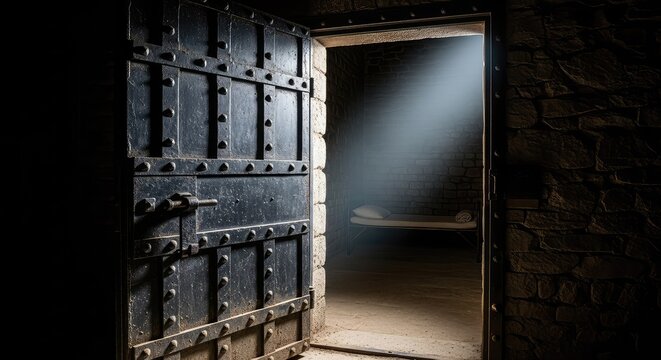 The heavy iron door of a narrow stone room swings open to reveal a small cot and thin blanket inside a dark and desolate confinement area, prison, facility, barren