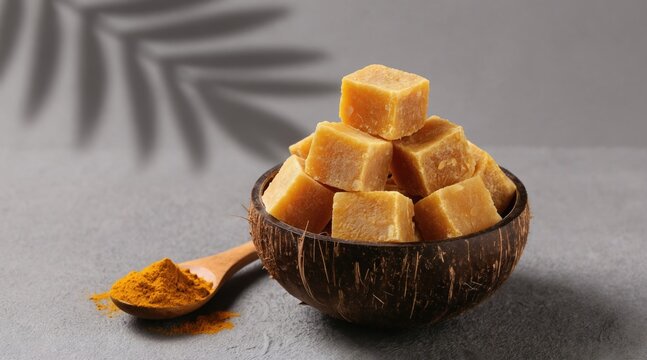 Golden jaggery cubes piled in coconut shell. Wooden spoon holds turmeric powder. Leaf shadow adds warmth to textured backdrop. Natural sweetener for healthy cooking.