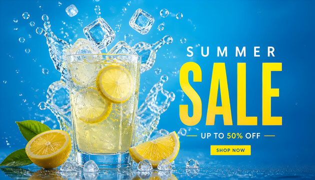 Summer sale advertising banner with refreshing glass of lemonade and ice cubes splash on blue background