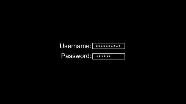 Username and password login screen with asterisks. Login screen symbol for digital account security. Digital login screen animation for web safety.