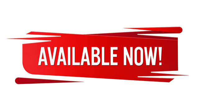 Red banner with white text AVAILABLE NOW , isolated on transparent background