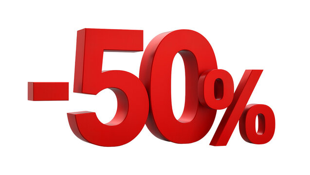 Bold red 3D -50% discount numbers, isolated on transparent background