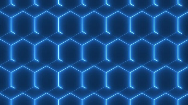 Seamless hexagonal grid pattern with neon lines. Hexagonal grid symbol for modern technology space. Digital hexagonal grid animation for tech concept.